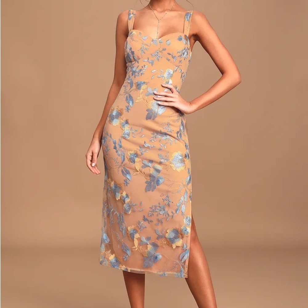 NWT! LULUS Watch Me Now Beige Embroidered Bustier Bodycon Midi Dress